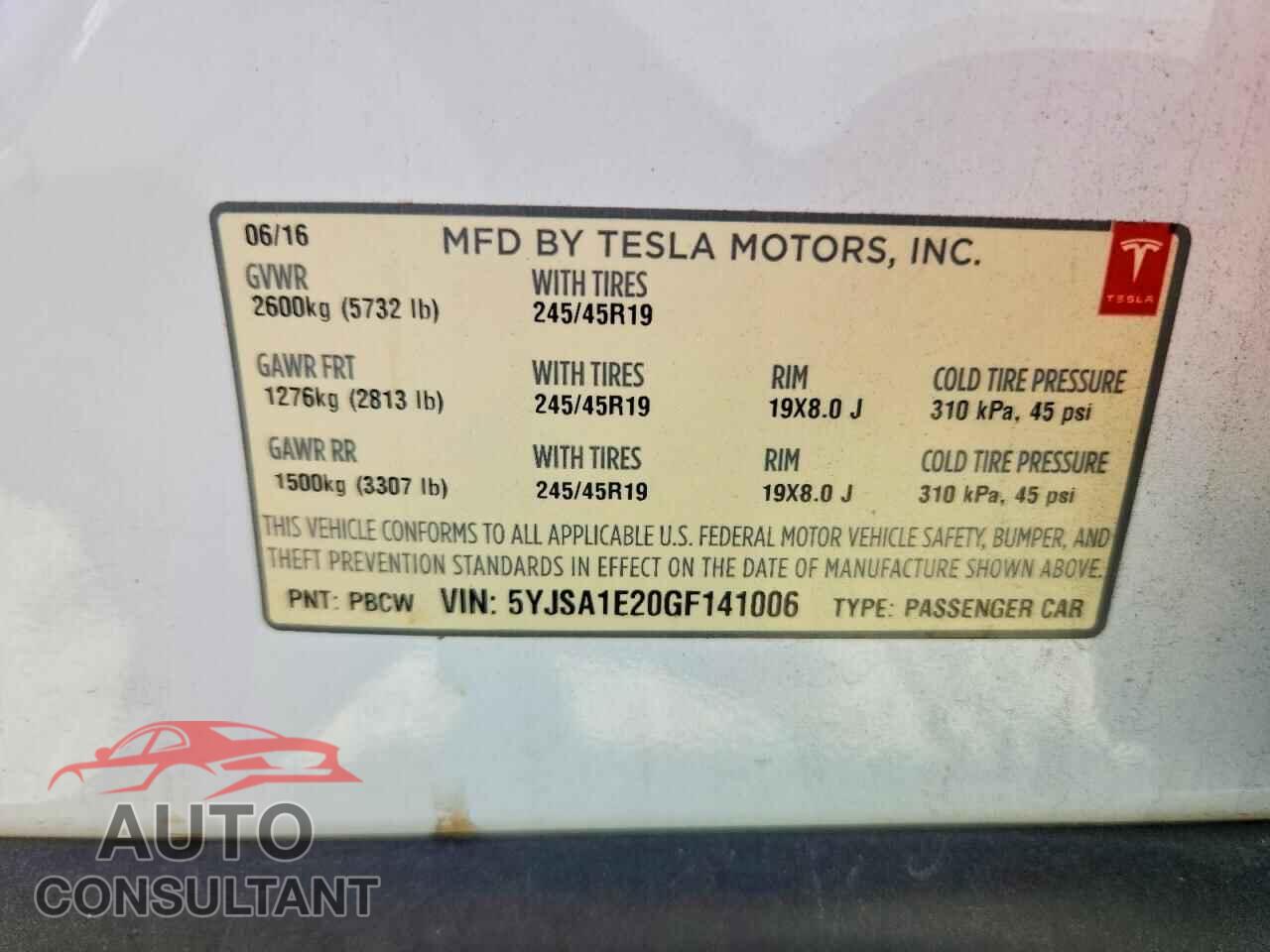 TESLA MODEL S 2016 - 5YJSA1E20GF141006