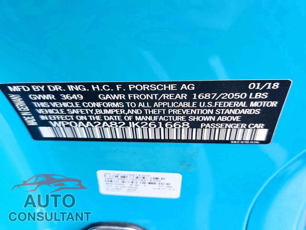 PORSCHE CAYMAN 2018 - WP0AA2A82JK261668