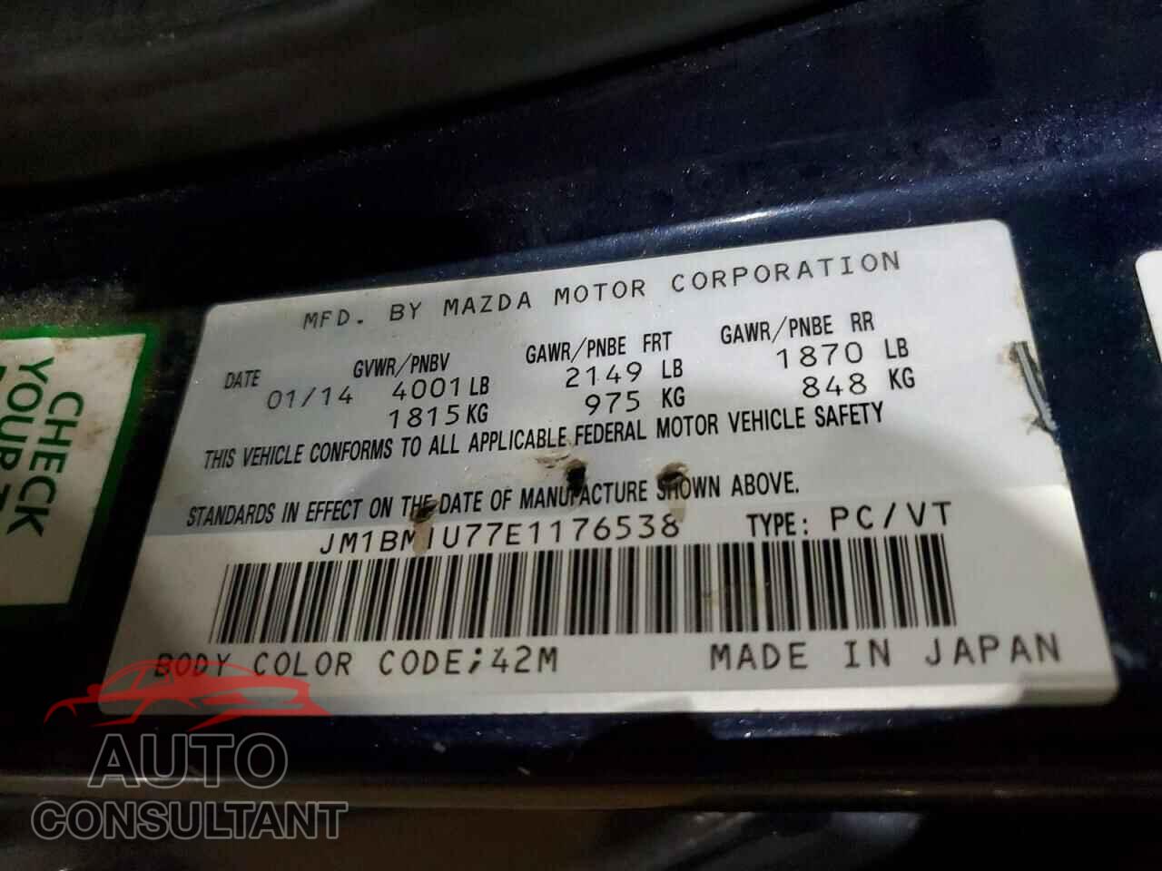 MAZDA 3 UNKNOWN 2014 - JM1BM1U77E1176538