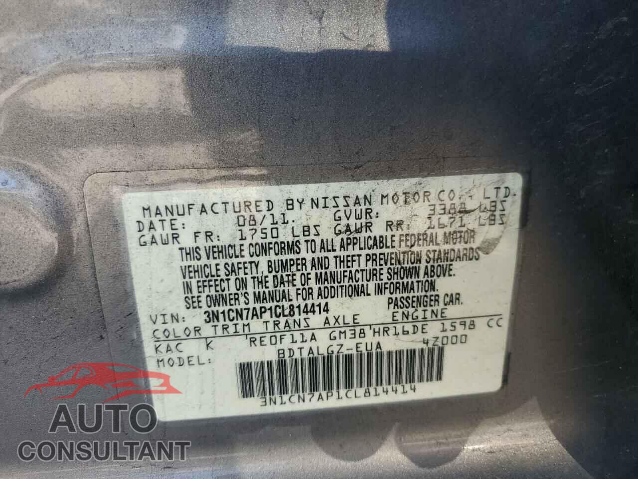 NISSAN VERSA 2012 - 3N1CN7AP1CL814414