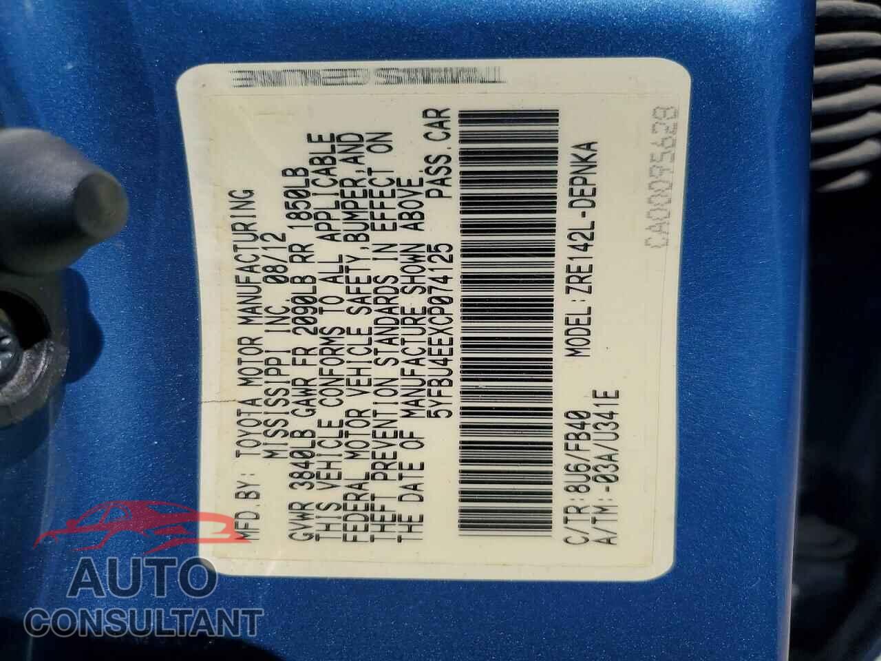 TOYOTA COROLLA 2012 - 5YFBU4EEXCP074125