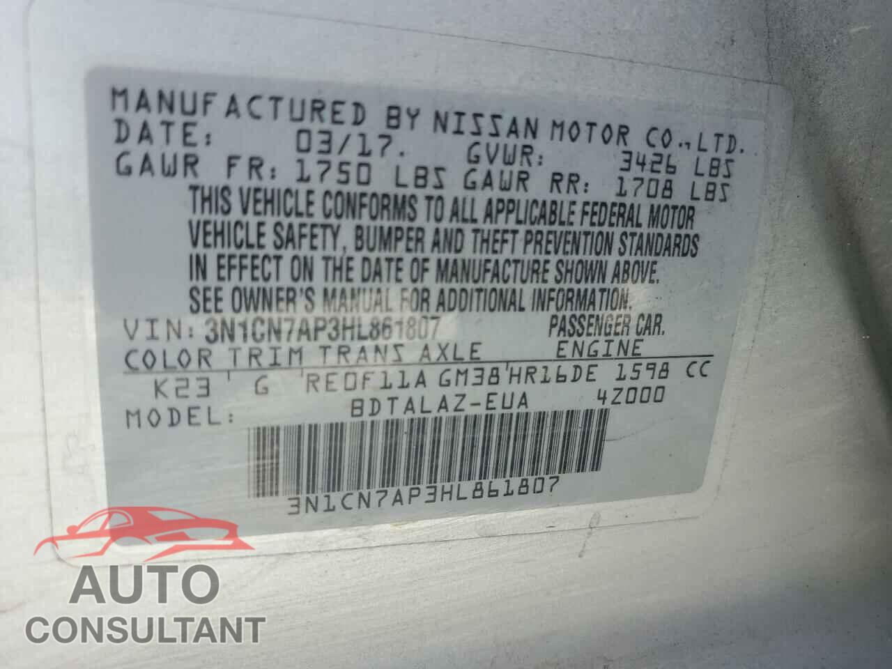 NISSAN VERSA 2017 - 3N1CN7AP3HL861807