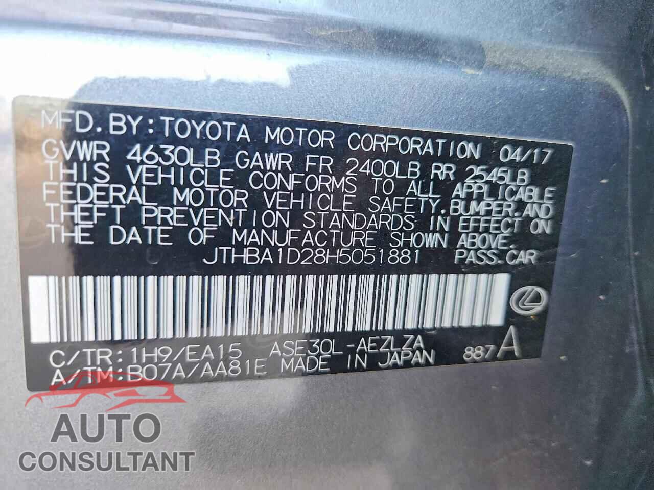 LEXUS IS 2017 - JTHBA1D28H5051881
