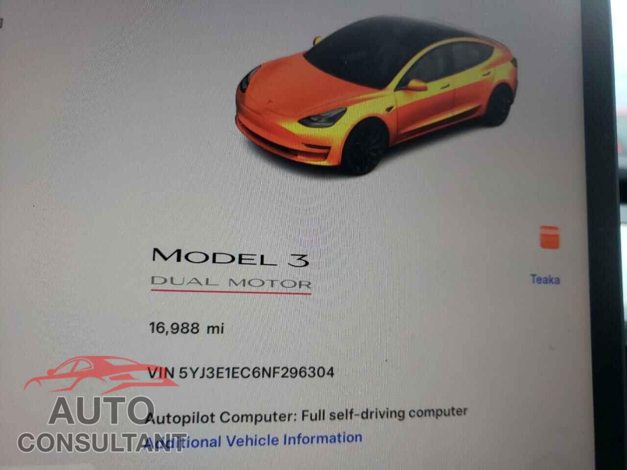 TESLA MODEL 3 2022 - 5YJ3E1EC6NF296304