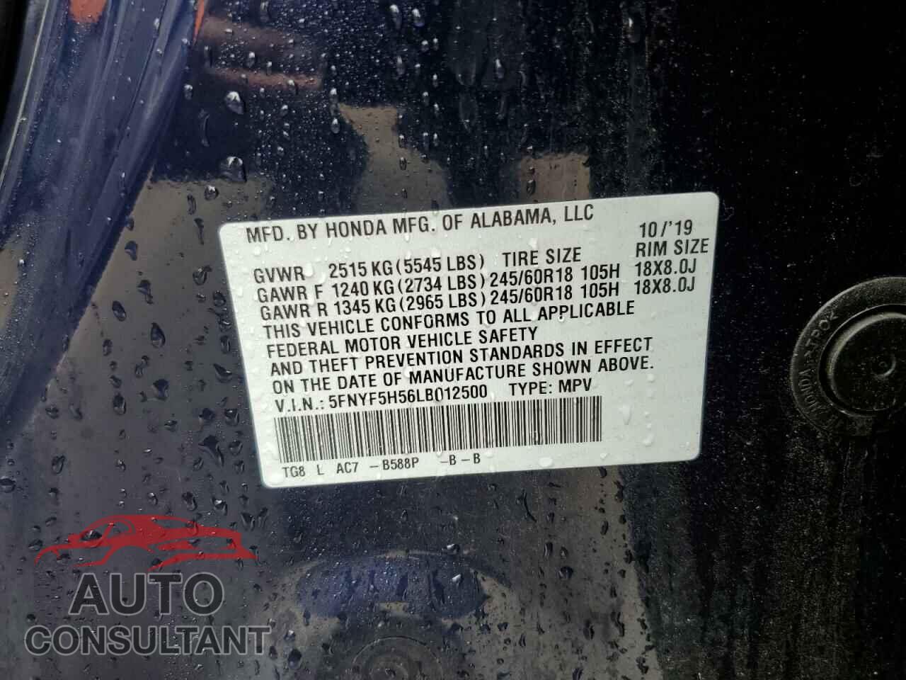 HONDA PILOT 2020 - 5FNYF5H56LB012500