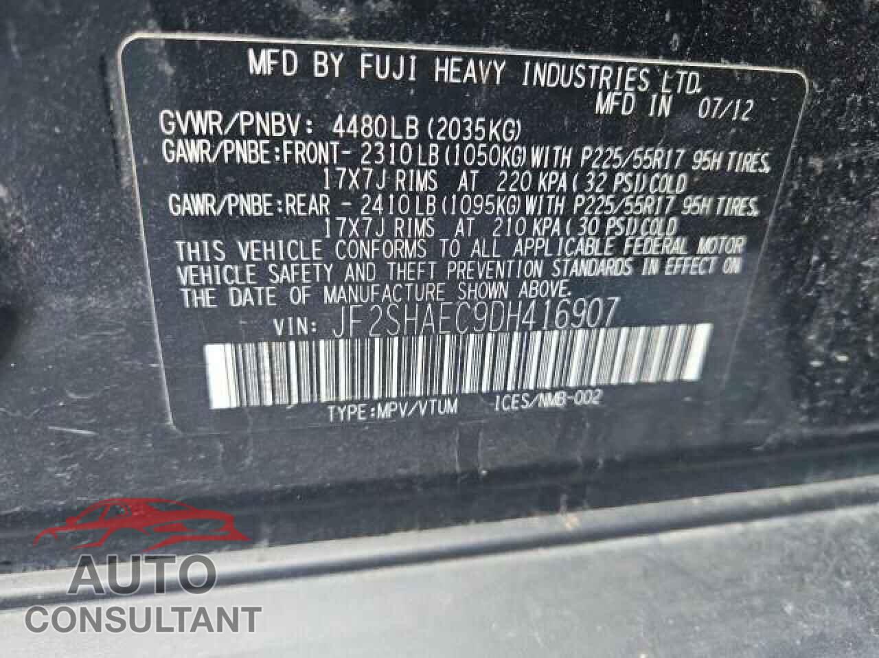 SUBARU FORESTER 2013 - JF2SHAEC9DH416907