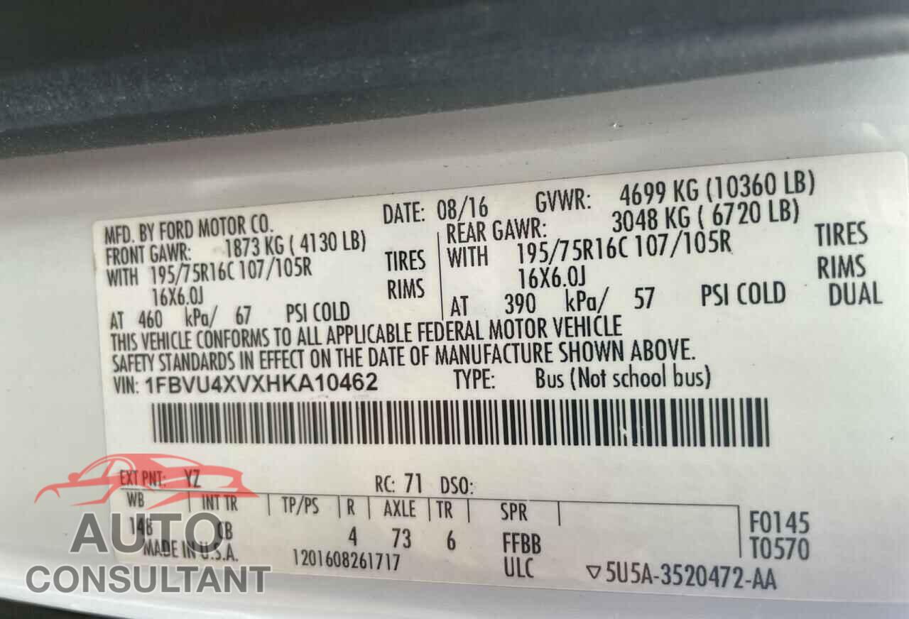 FORD TRANSIT 2017 - 1FBVU4XVXHKA10462
