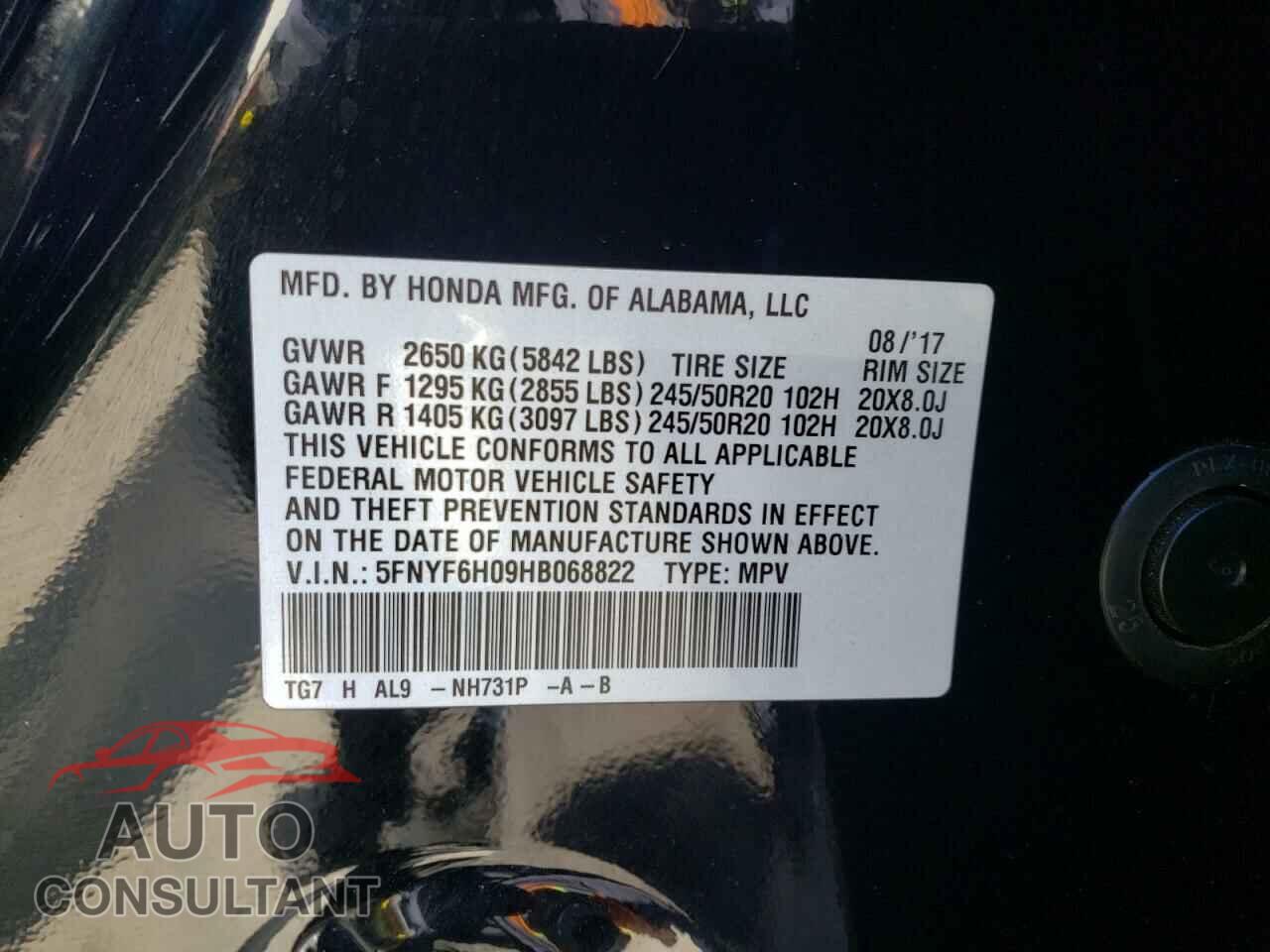 HONDA PILOT 2017 - 5FNYF6H09HB068822