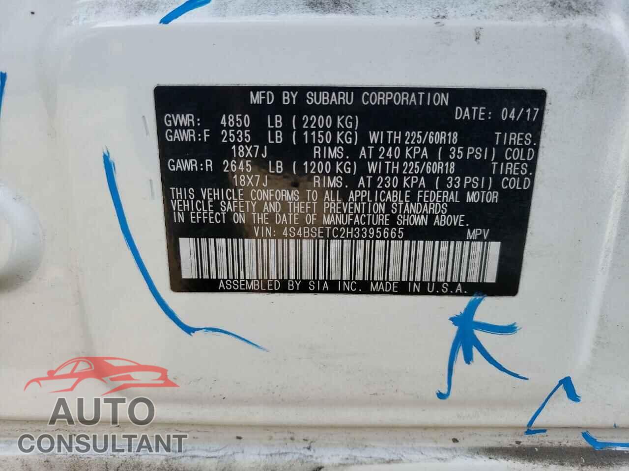 SUBARU OUTBACK 2017 - 4S4BSETC2H3395665
