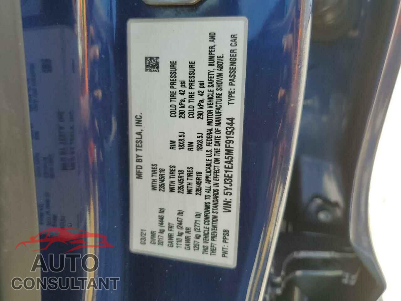 TESLA MODEL 3 2021 - 5YJ3E1EA5MF919344