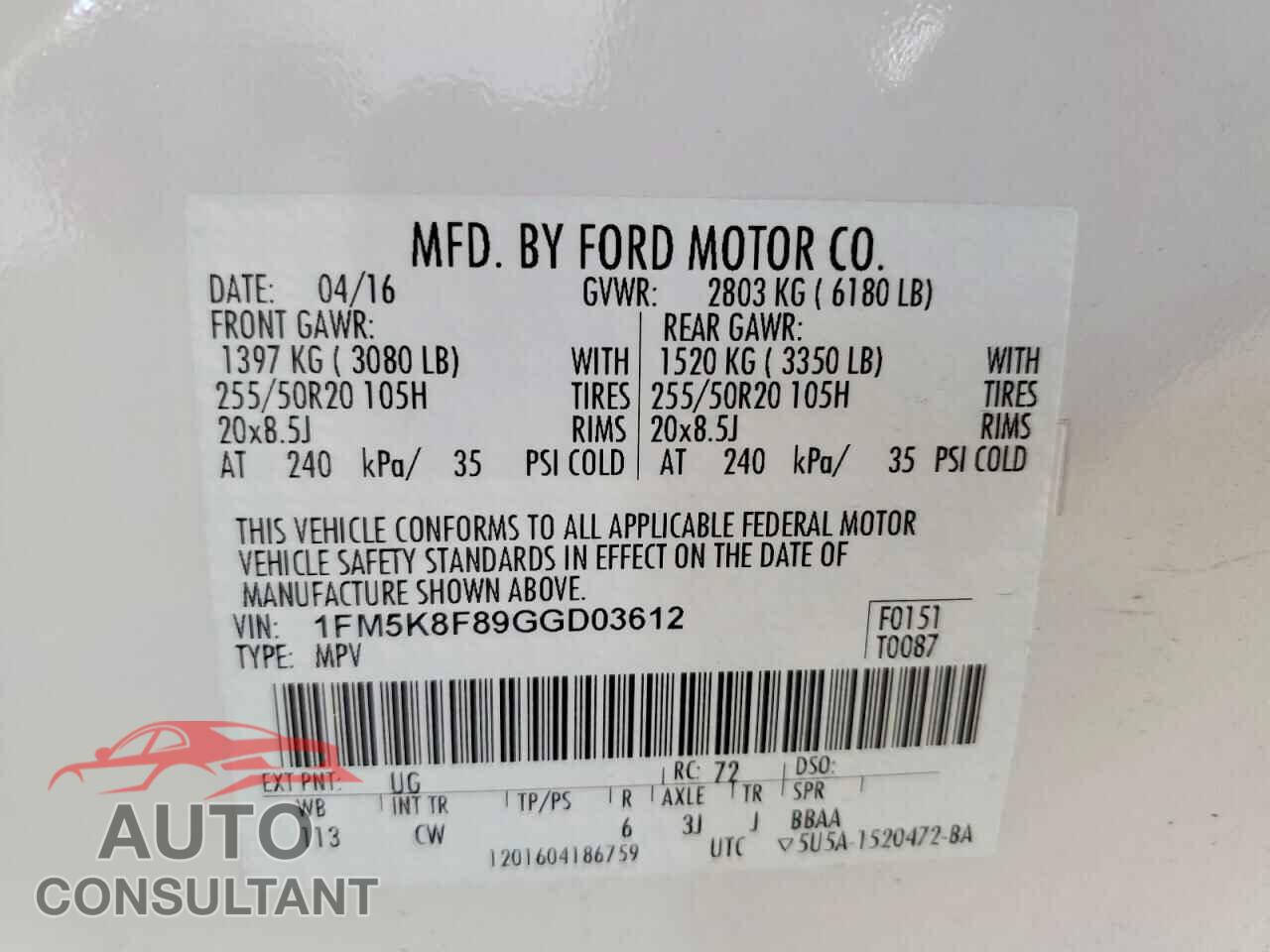 FORD EXPLORER 2016 - 1FM5K8F89GGD03612