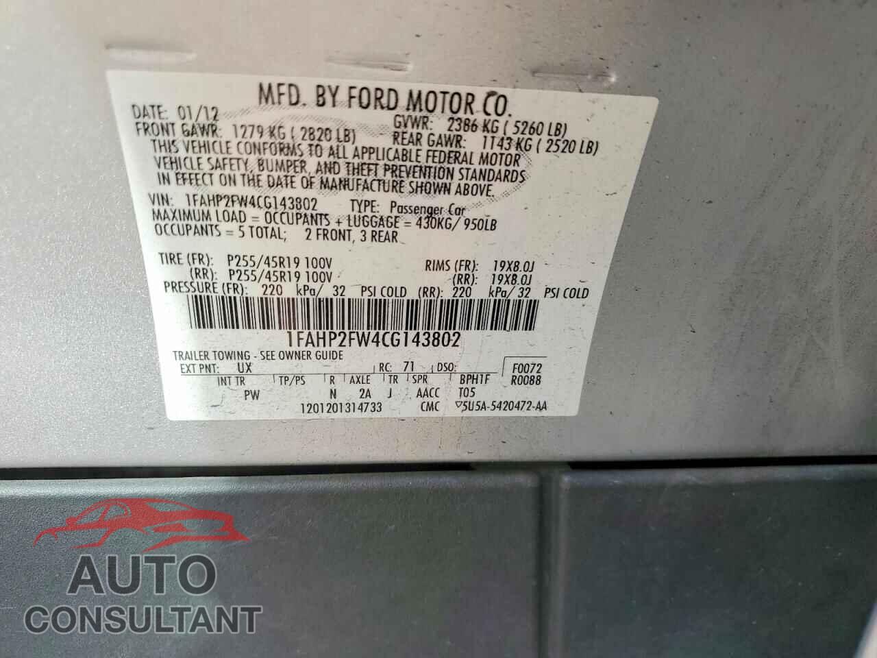 FORD TAURUS 2012 - 1FAHP2FW4CG143802