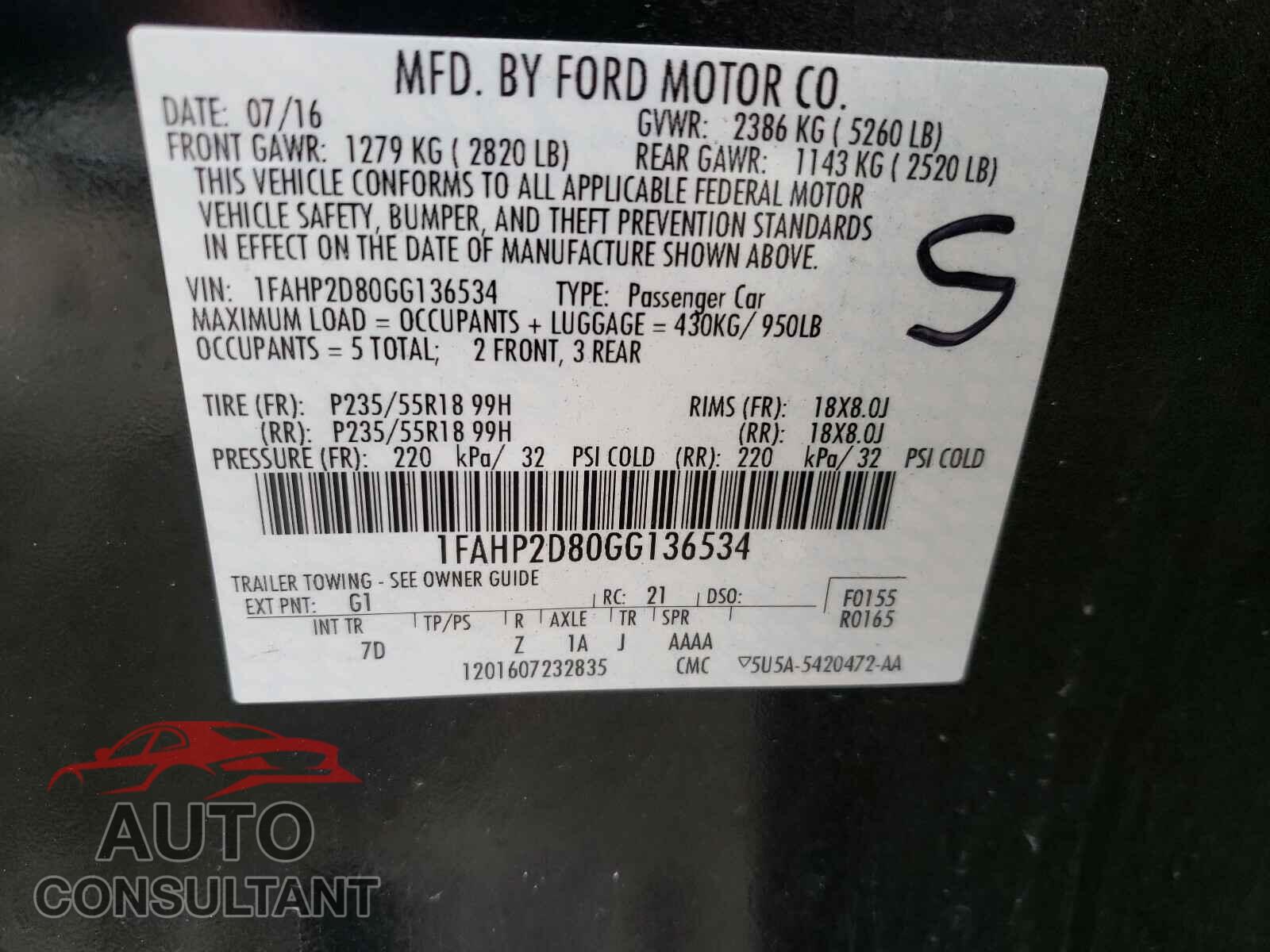 FORD TAURUS 2016 - 1FAHP2D80GG136534