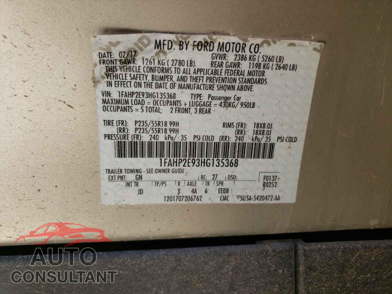FORD TAURUS 2017 - 1FAHP2E93HG135368
