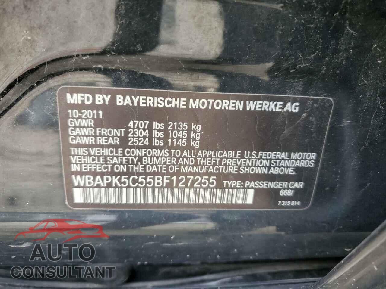 BMW 3 SERIES 2011 - WBAPK5C55BF127255