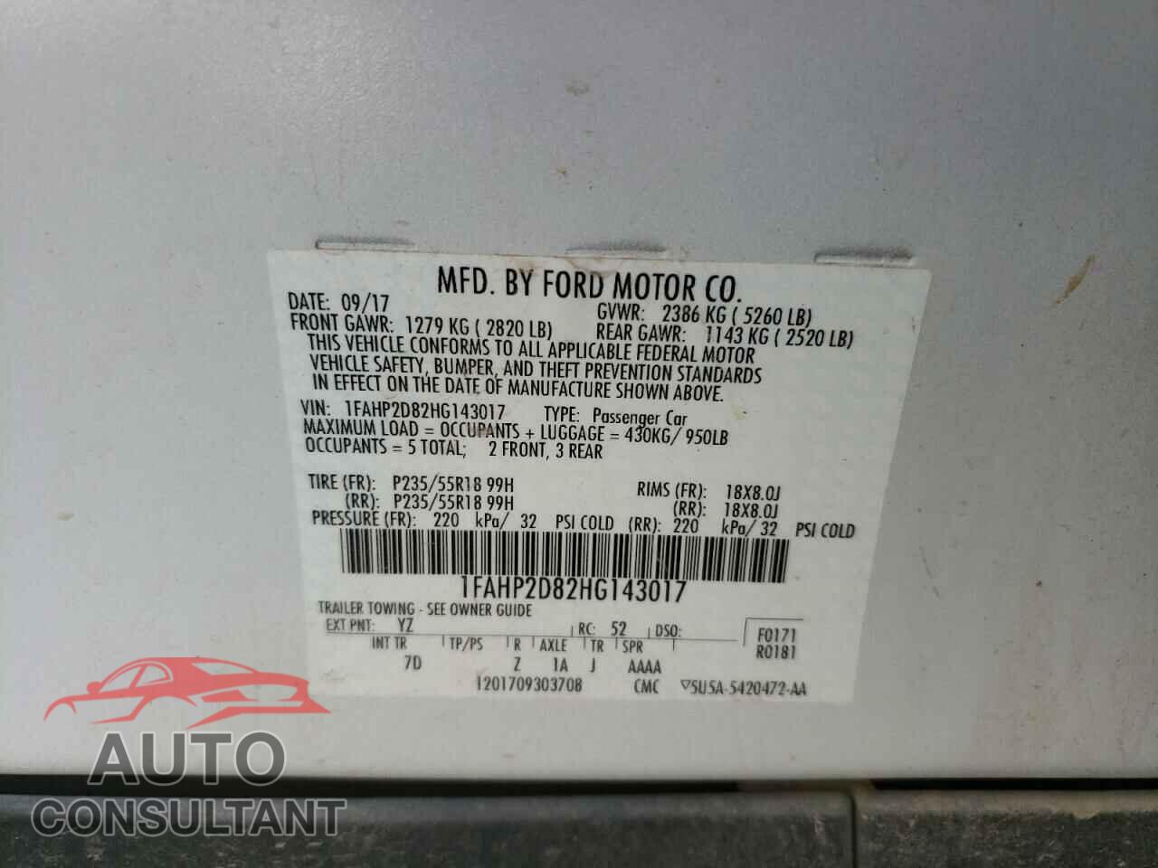 FORD TAURUS 2017 - 1FAHP2D82HG143017