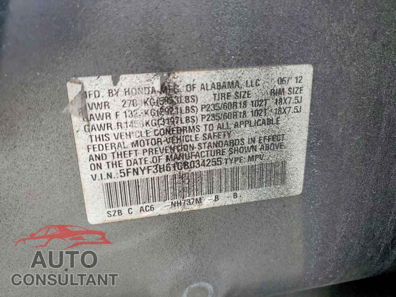 HONDA PILOT 2012 - 5FNYF3H61CB034255