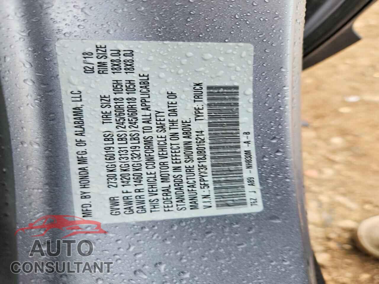 HONDA RIDGELINE 2018 - 5FPYK3F18JB016214