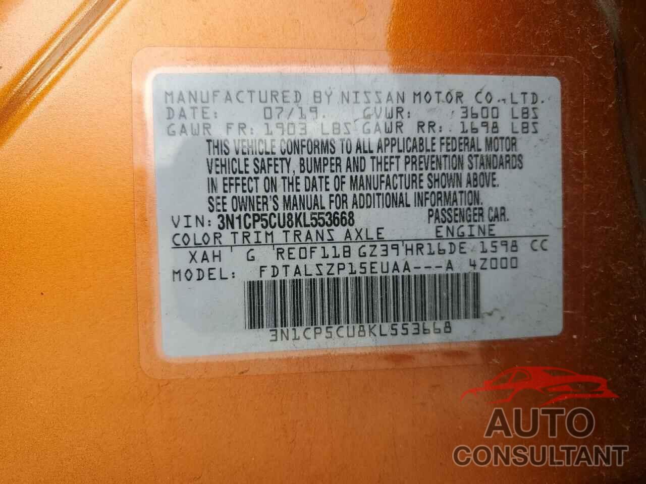 NISSAN KICKS 2019 - 3N1CP5CU8KL553668