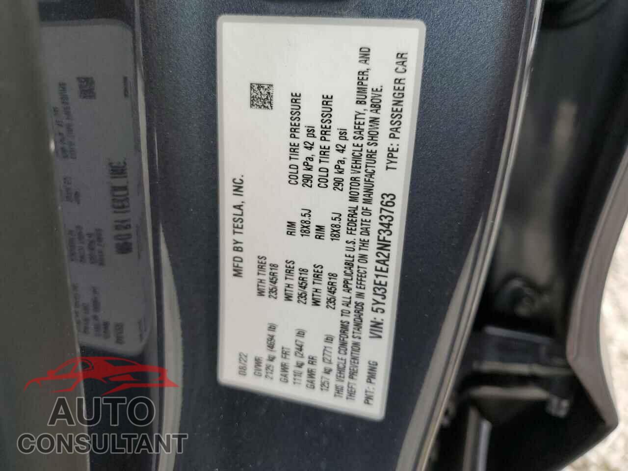 TESLA MODEL 3 2022 - 5YJ3E1EA2NF343763