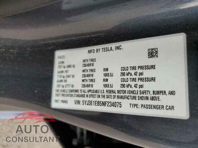 TESLA MODEL 3 2022 - 5YJ3E1EB5NF234075