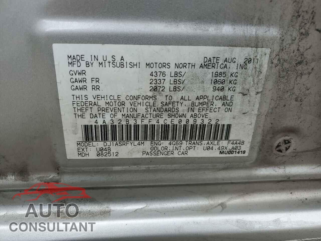 MITSUBISHI GALANT 2012 - 4A32B3FF4CE009322