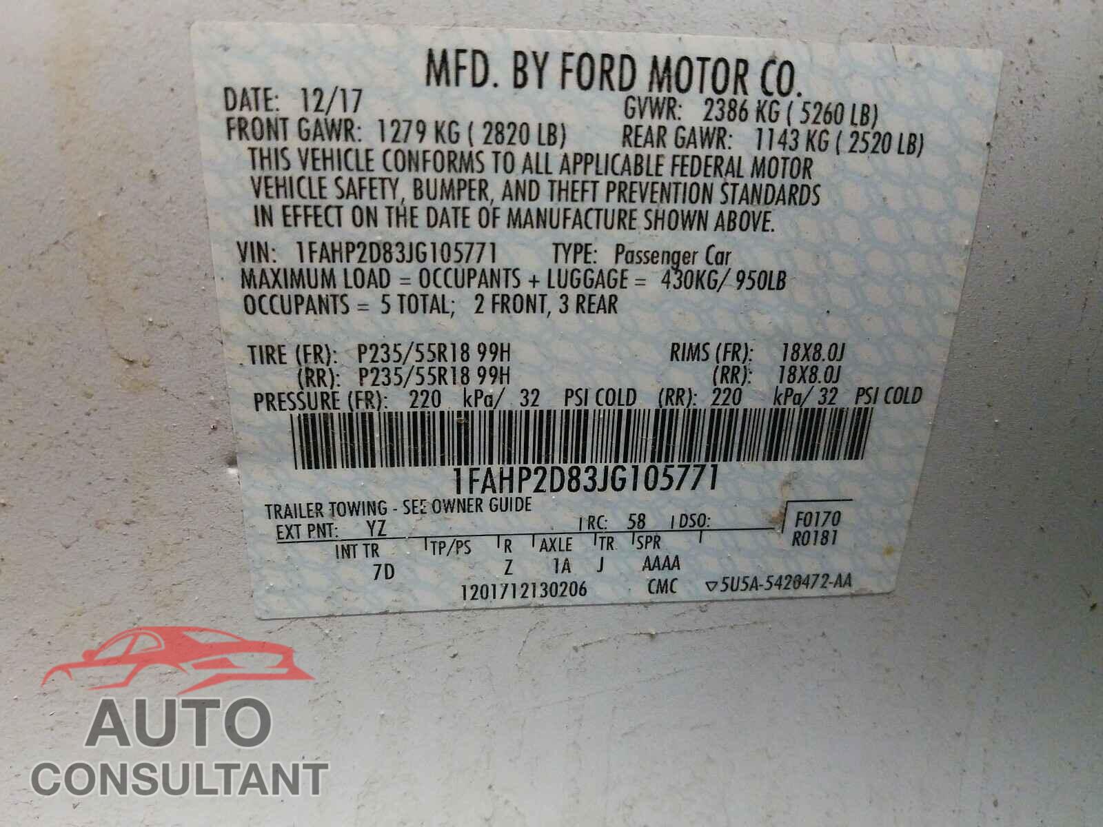 FORD TAURUS 2018 - 1FAHP2D83JG105771