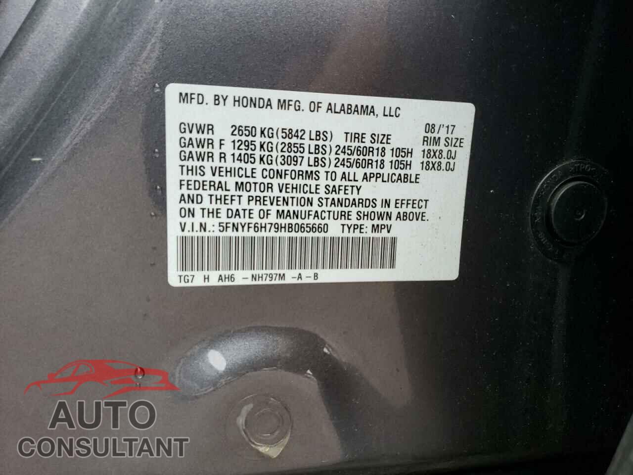 HONDA PILOT 2017 - 5FNYF6H79HB065660