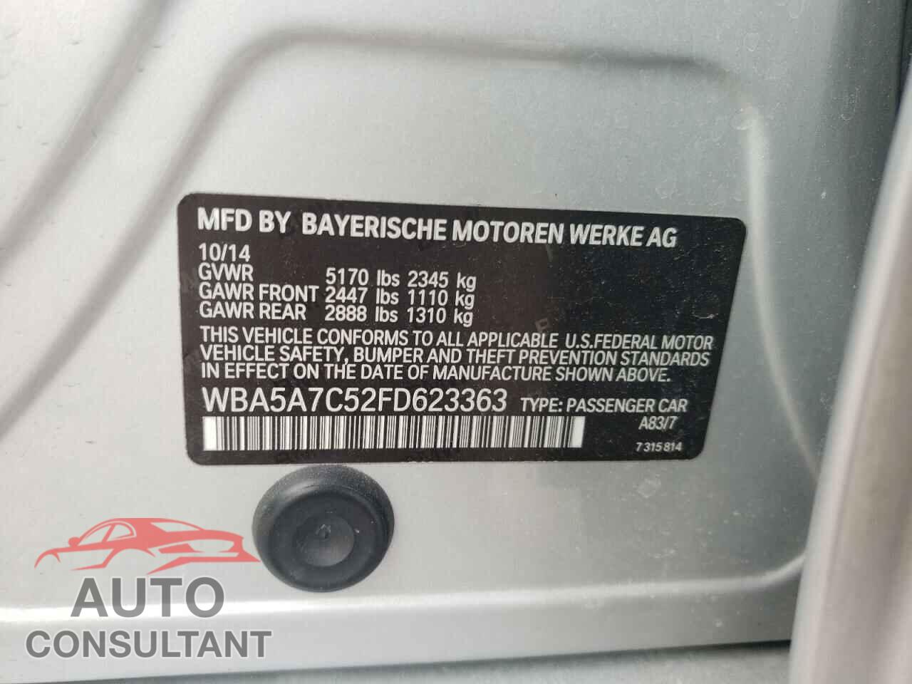 BMW 5 SERIES 2015 - WBA5A7C52FD623363