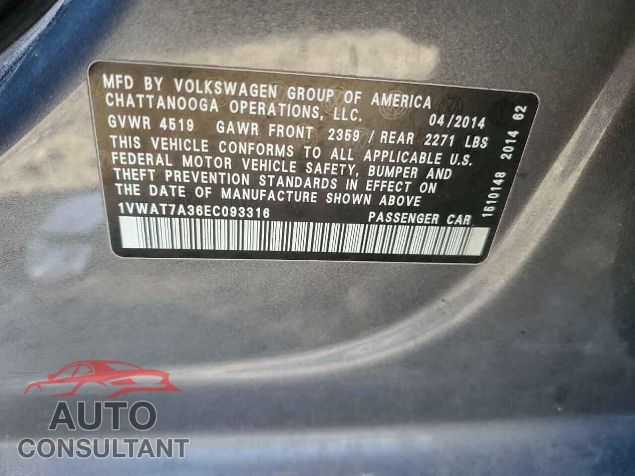VOLKSWAGEN PASSAT 2014 - 1VWAT7A36EC093316