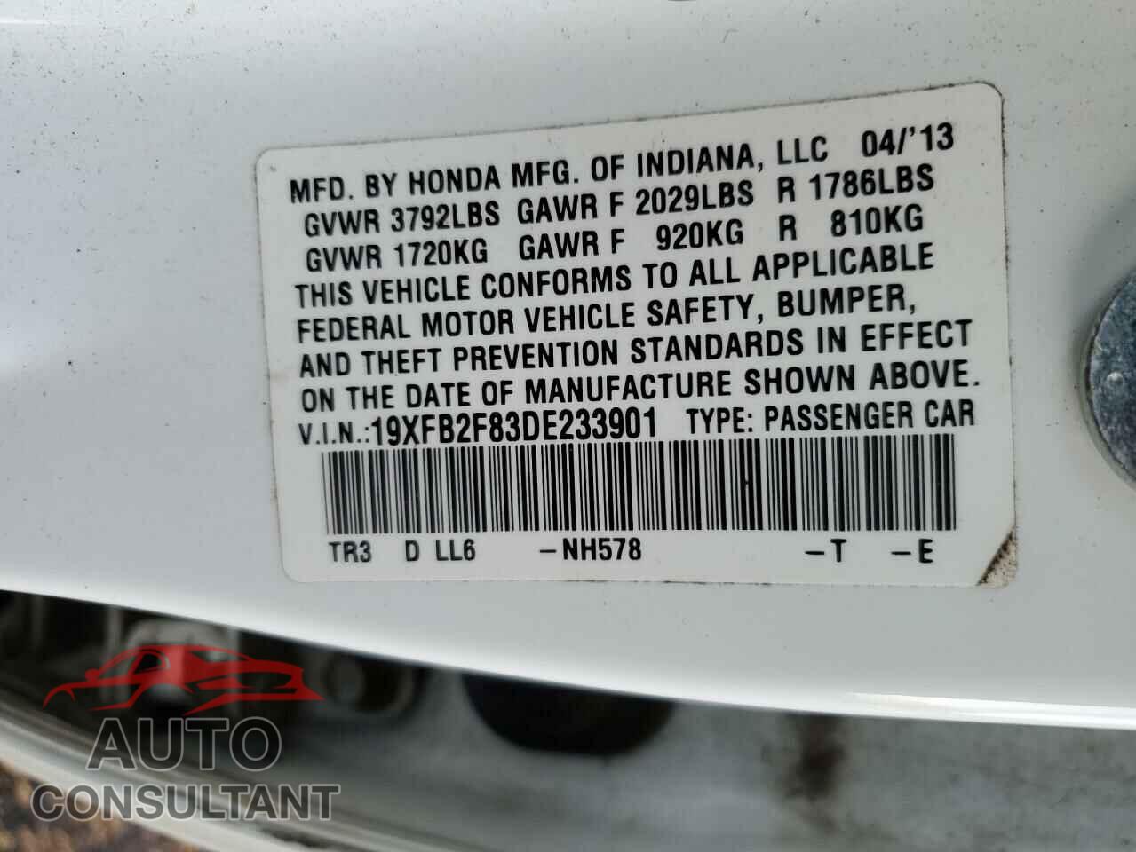HONDA CIVIC 2013 - 19XFB2F83DE233901