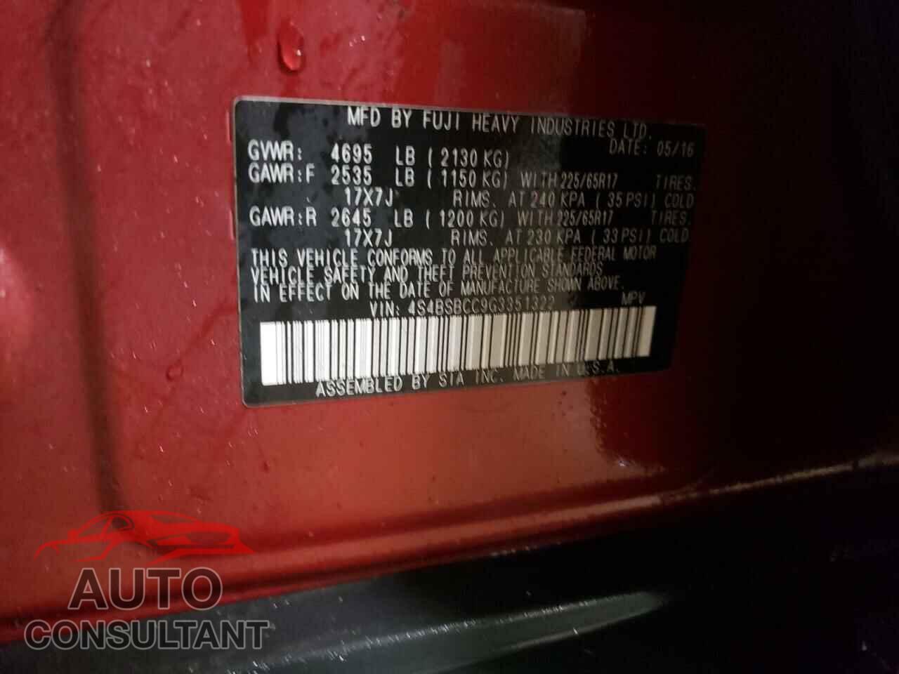SUBARU OUTBACK 2016 - 4S4BSBCC9G3351322