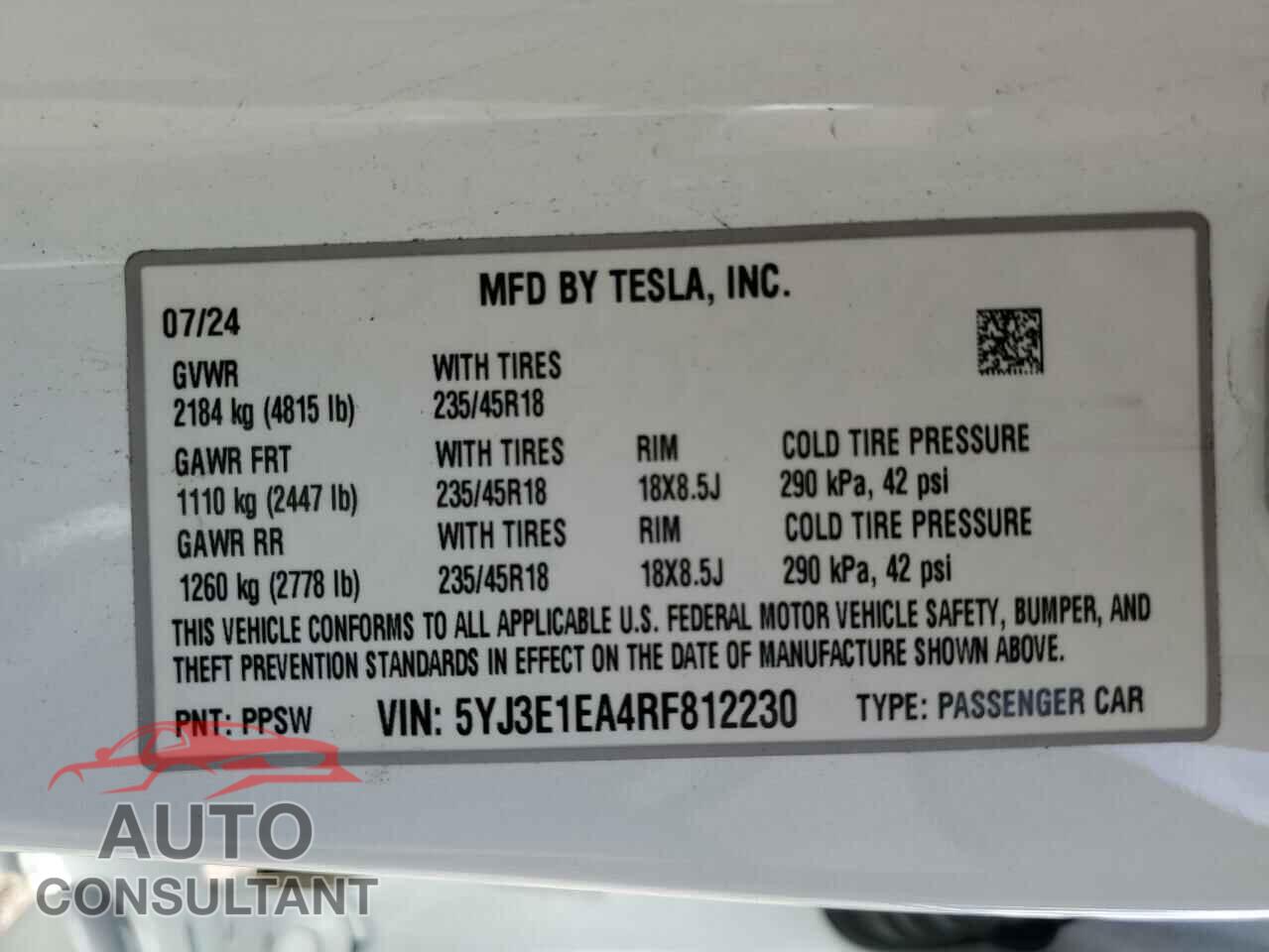 TESLA MODEL 3 2024 - 5YJ3E1EA4RF812230