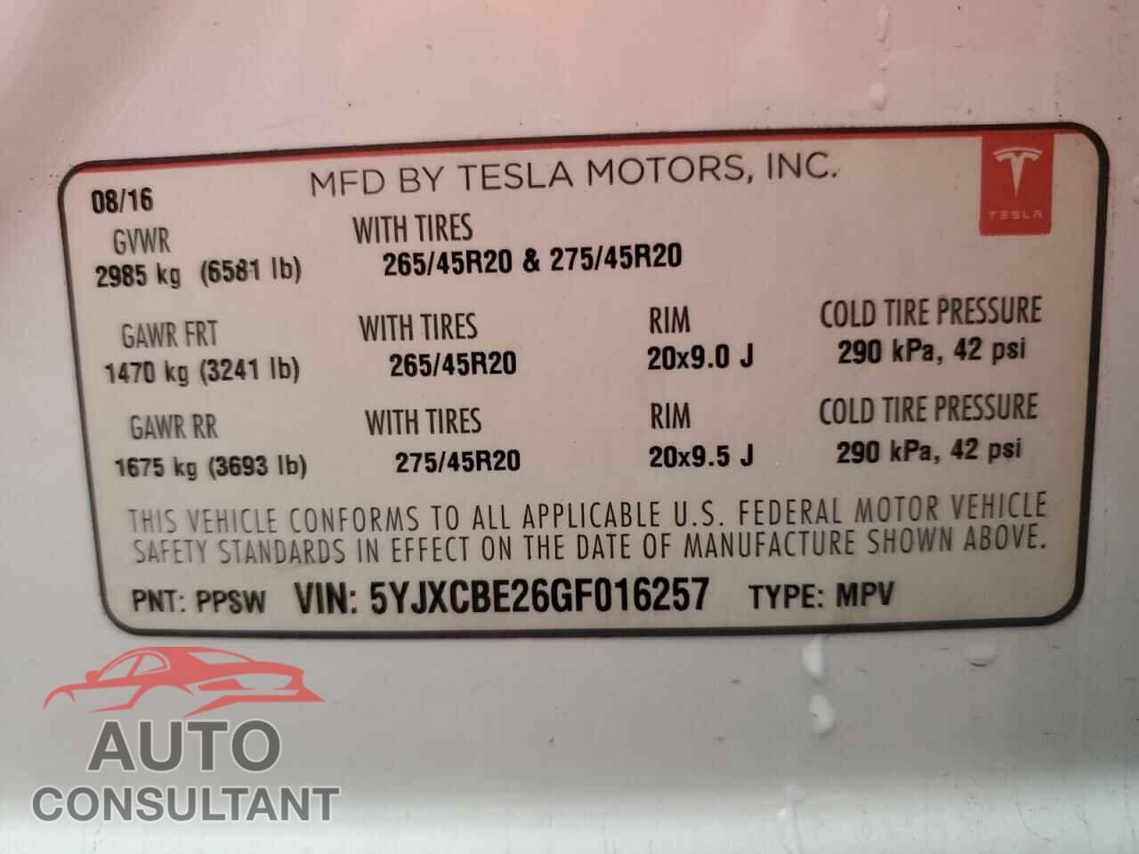 TESLA MODEL X 2016 - 5YJXCBE26GF016257