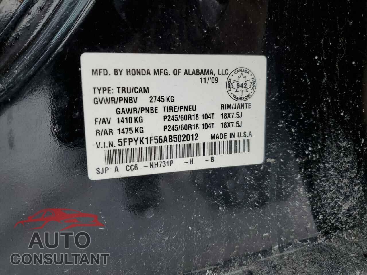 HONDA RIDGELINE 2010 - 5FPYK1F56AB502012