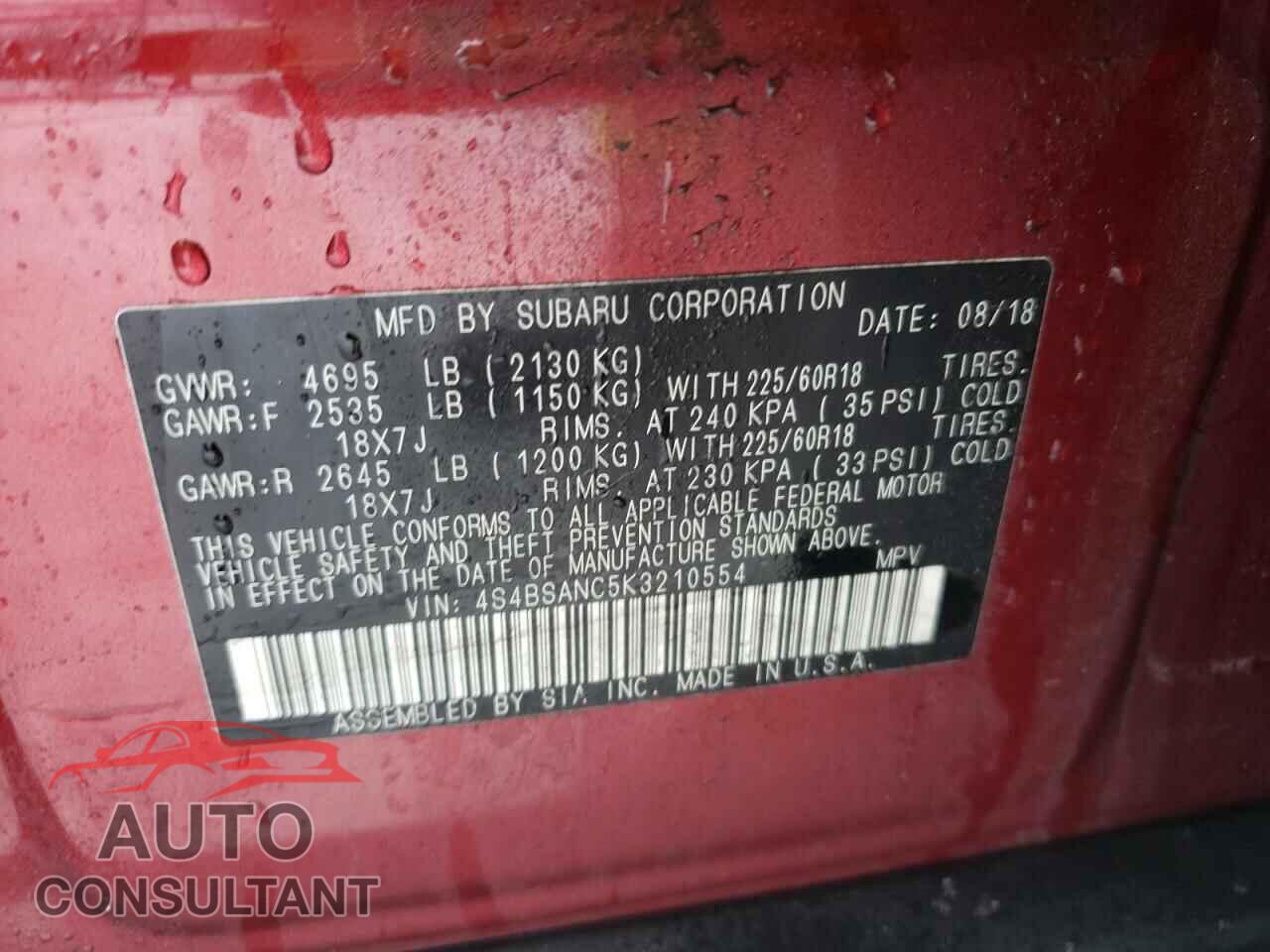 SUBARU OUTBACK 2019 - 4S4BSANC5K3210554