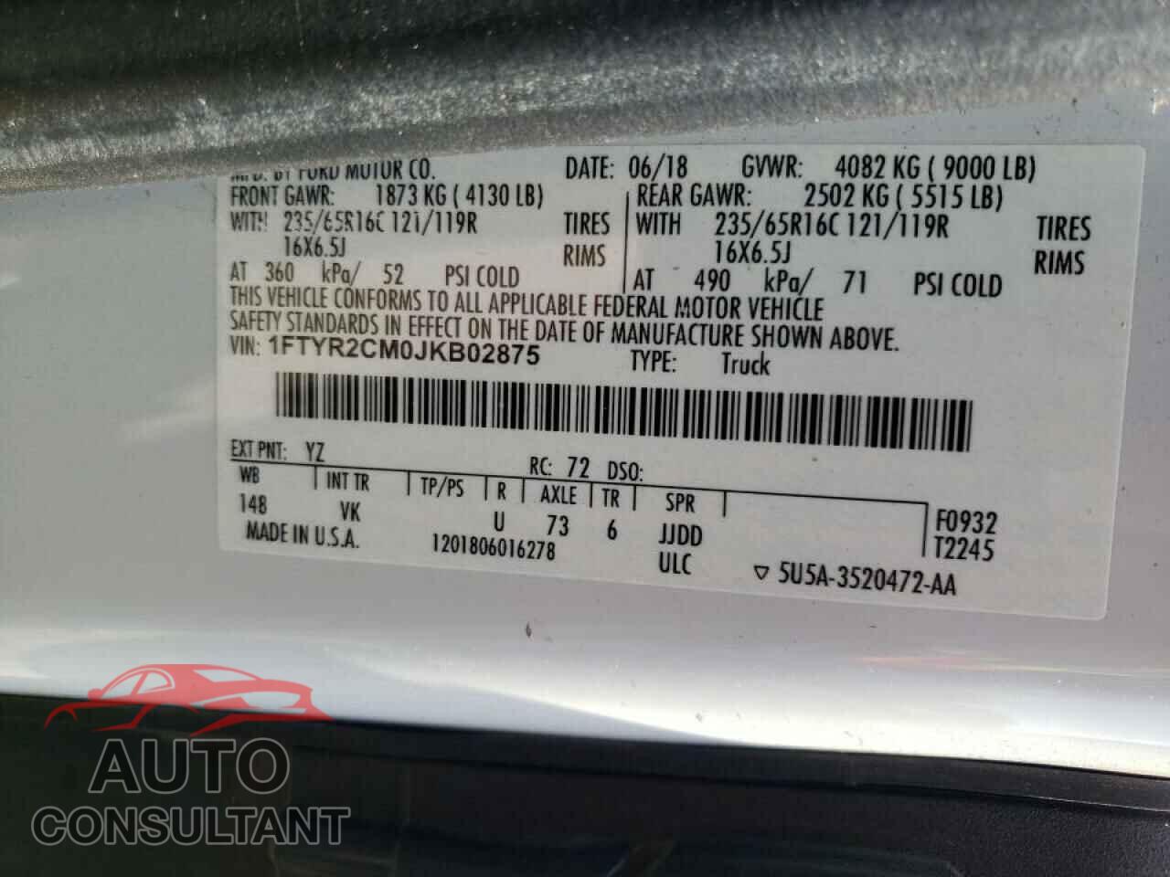 FORD TRANSIT CO 2018 - 1FTYR2CM0JKB02875