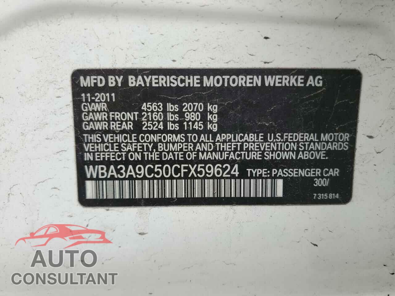 BMW 3 SERIES 2012 - WBA3A9C50CFX59624