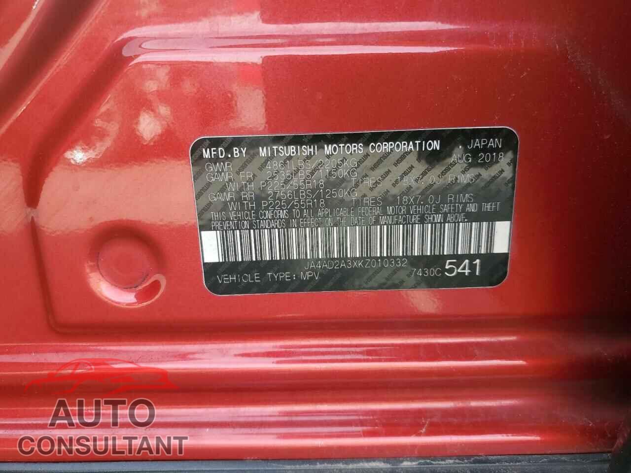 MITSUBISHI OUTLANDER 2019 - JA4AD2A3XKZ010332