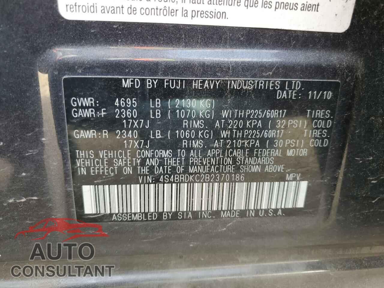 SUBARU OUTBACK 2011 - 4S4BRDKC2B2370186