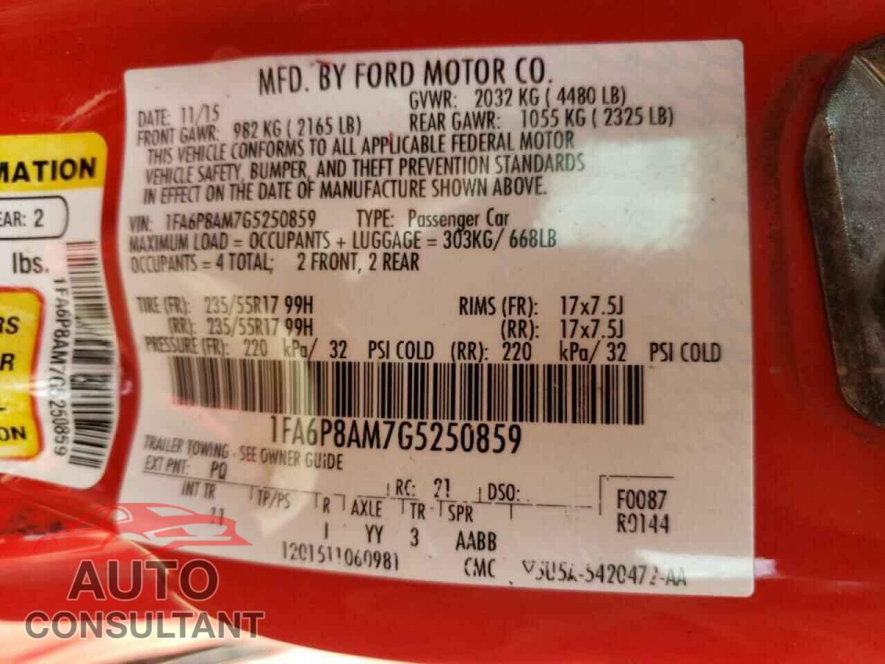 FORD MUSTANG 2016 - 1FA6P8AM7G5250859