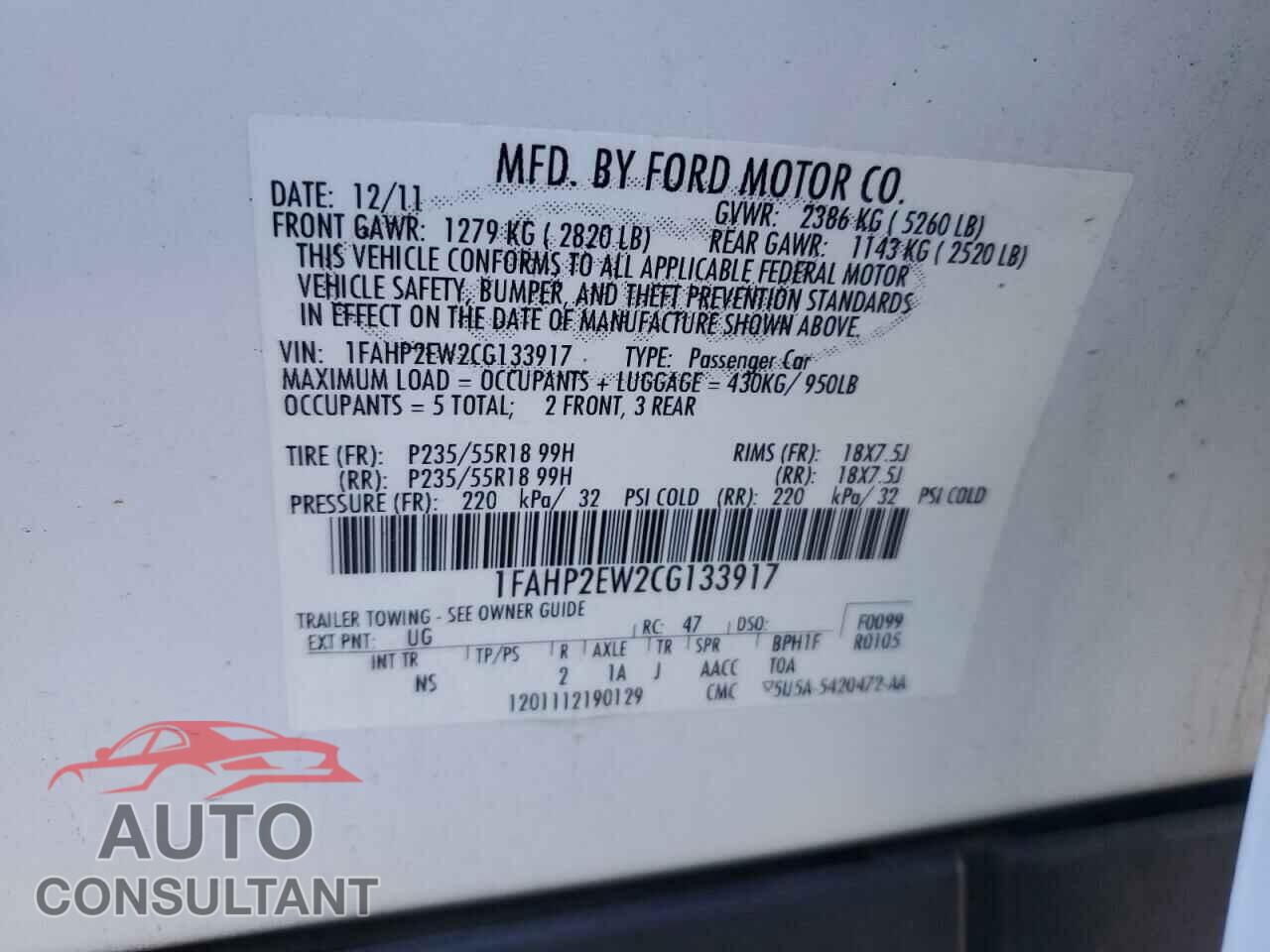 FORD TAURUS 2012 - 1FAHP2EW2CG133917