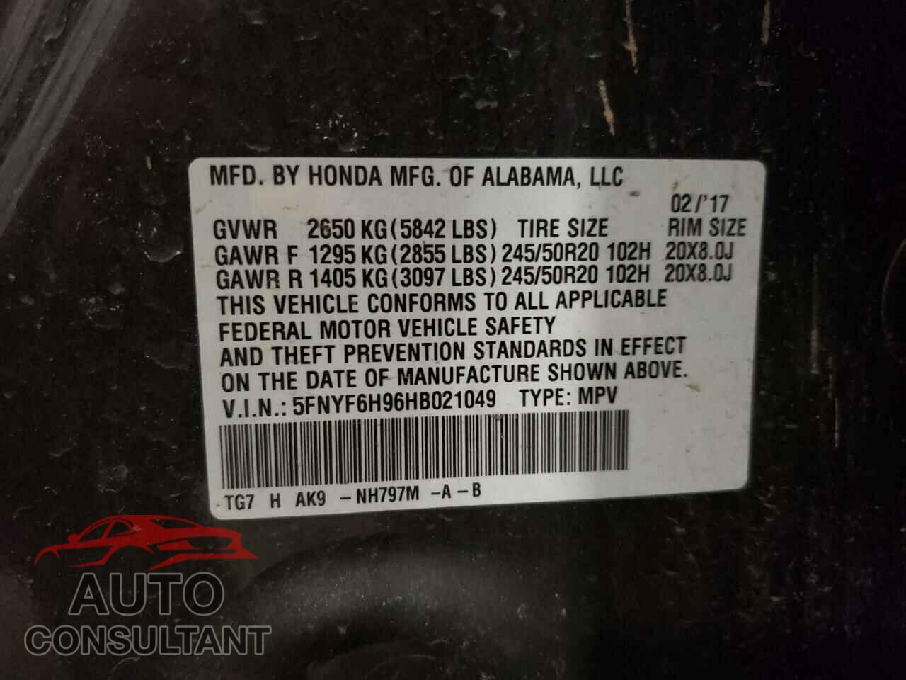 HONDA PILOT 2017 - 5FNYF6H96HB021049