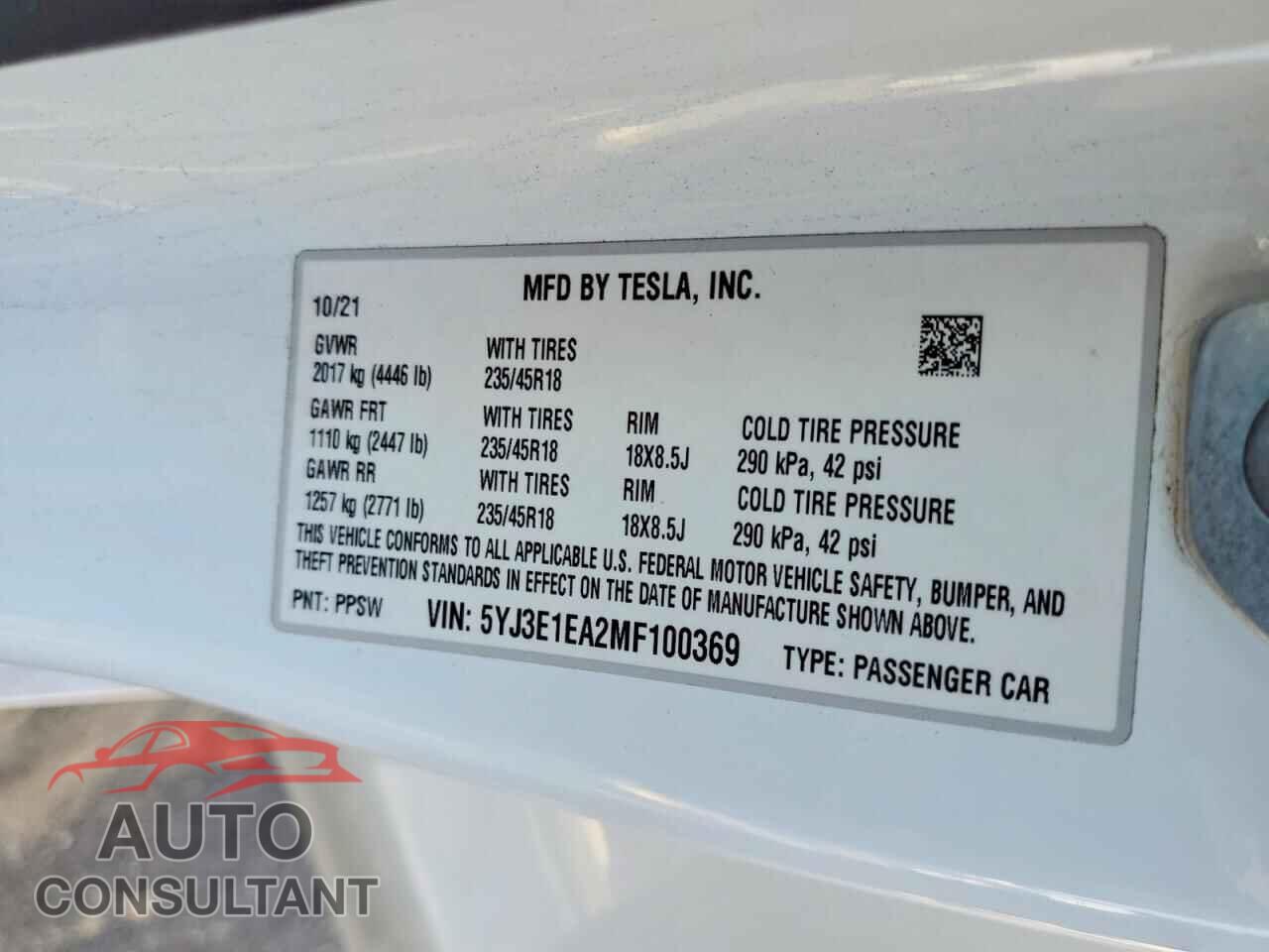 TESLA MODEL 3 2021 - 5YJ3E1EA2MF100369