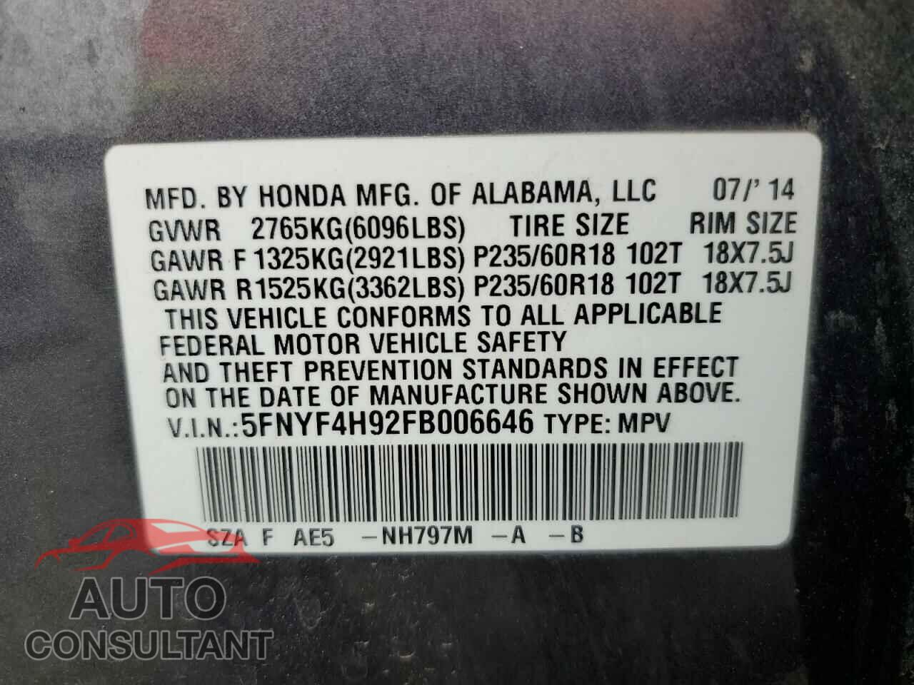 HONDA PILOT 2015 - 5FNYF4H92FB006646