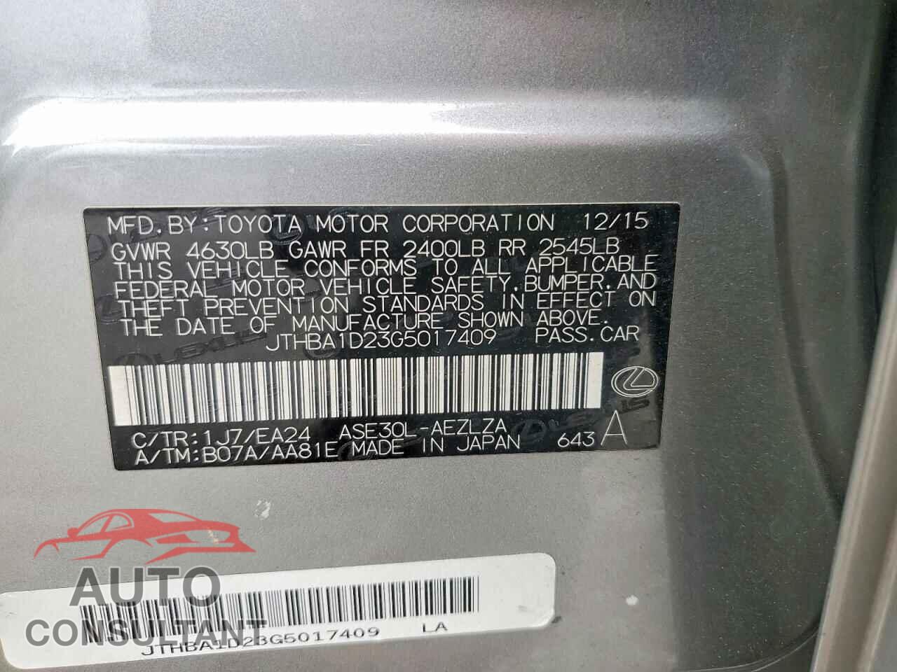 LEXUS IS 2016 - JTHBA1D23G5017409