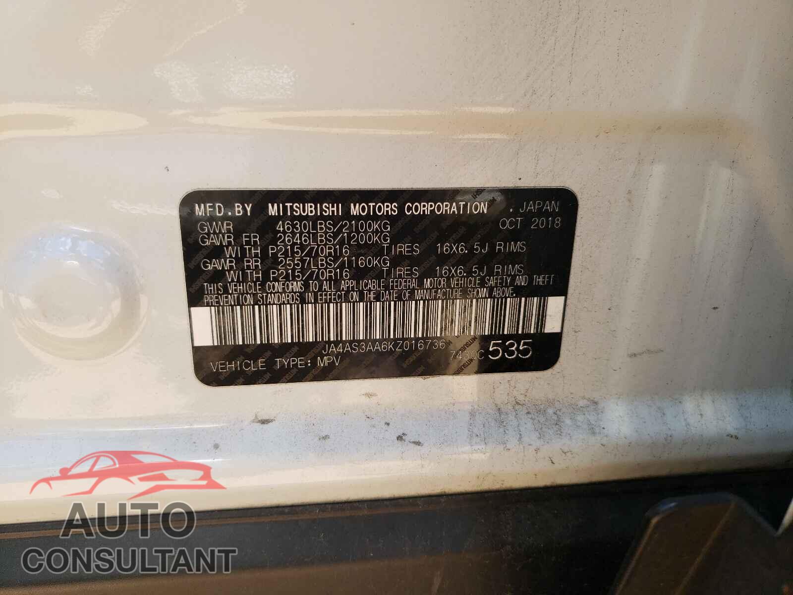 MITSUBISHI ECLIPSE 2019 - JA4AS3AA6KZ016736