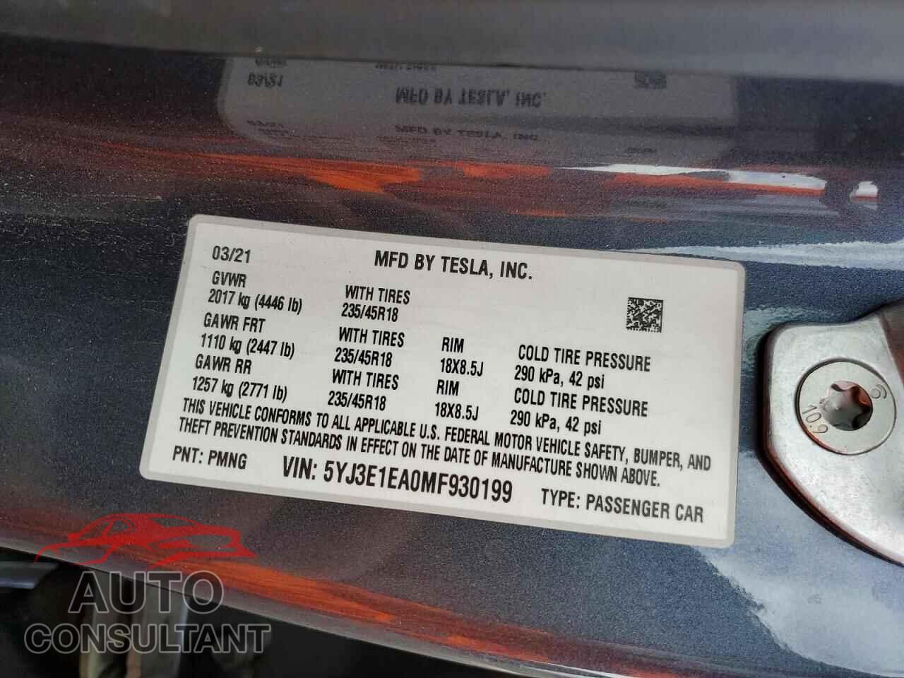 TESLA MODEL 3 2021 - 5YJ3E1EA0MF930199