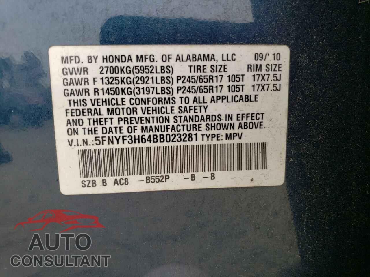 HONDA PILOT 2011 - 5FNYF3H64BB023281