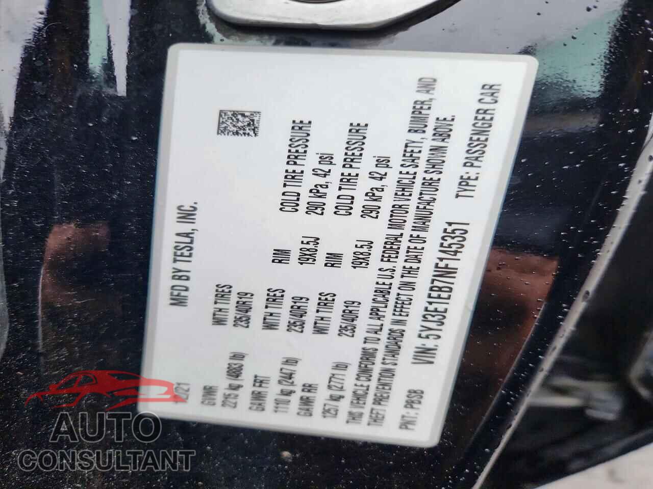 TESLA MODEL 3 2022 - 5YJ3E1EB7NF145351